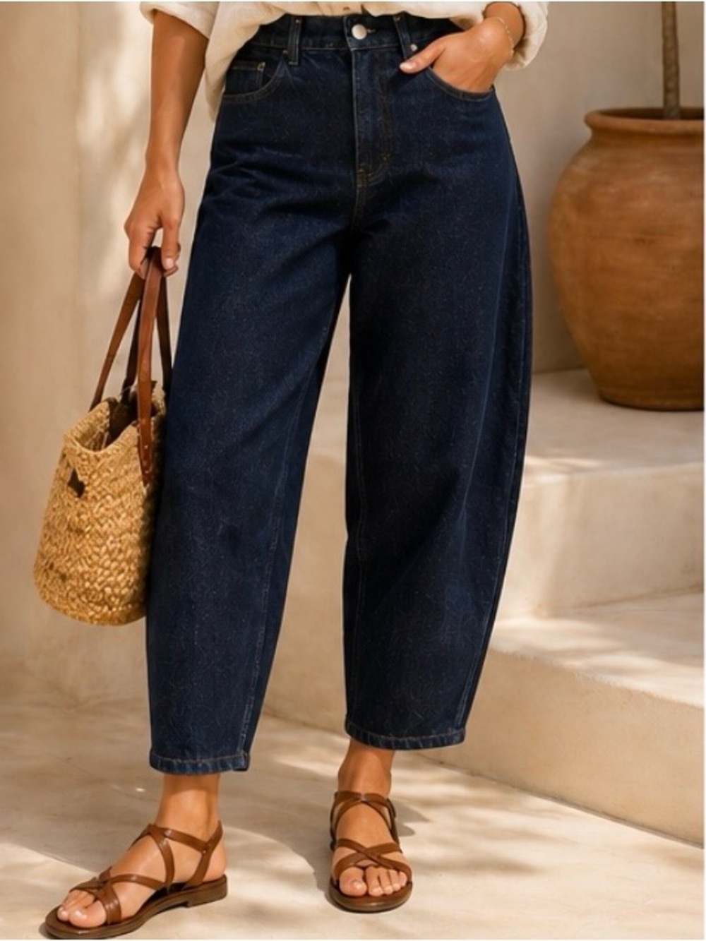 Mus & Bombon Bidasoa Barrel Leg Jeans Navy High Rise Cropped Small NWT